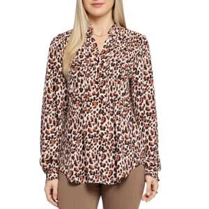 NYDJ Pleated Yoke Long Sleeve Peasant Blouse Pintuck Sz M Leopard Print